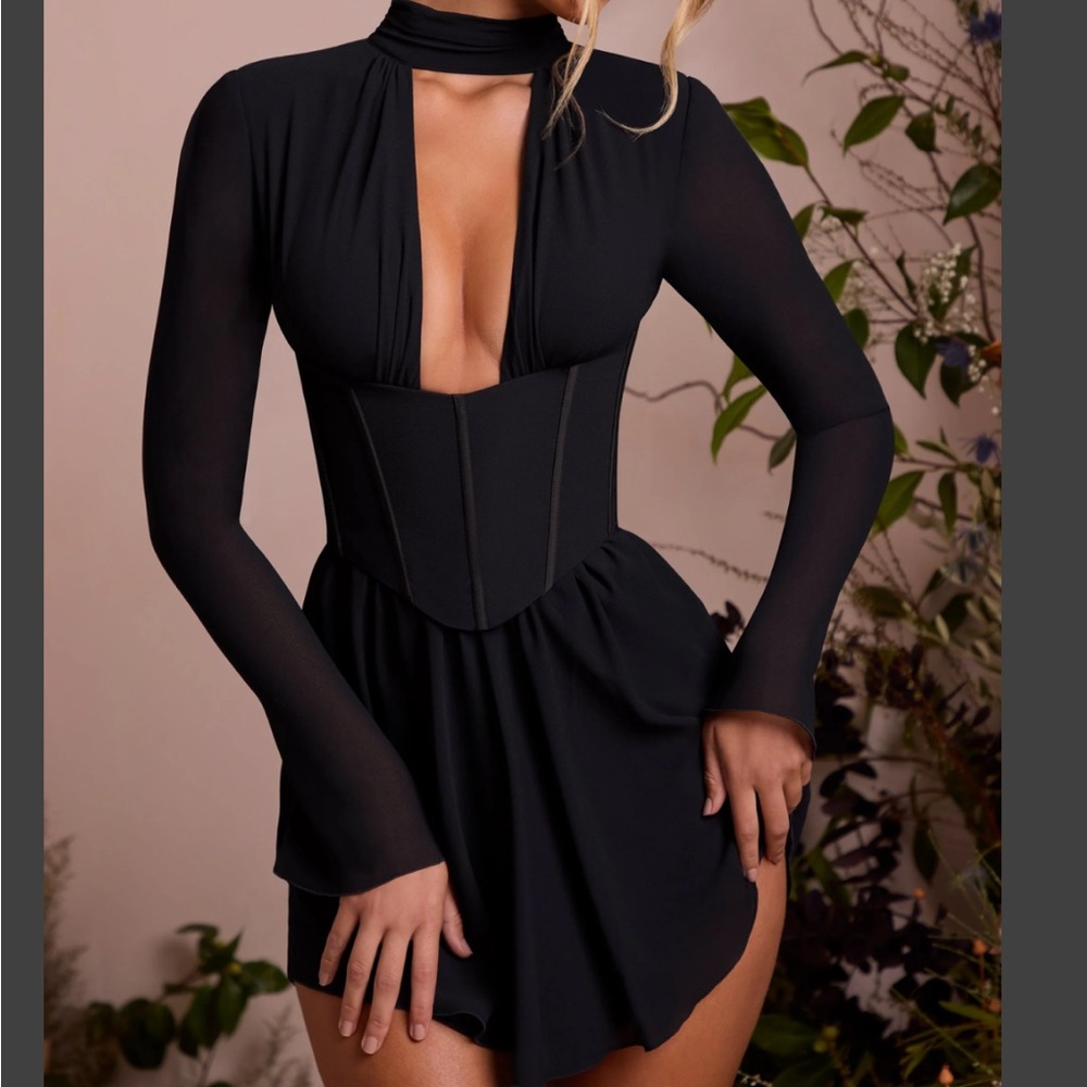 Oh Polly Long Sleeve Plunge Neck Mini Dress